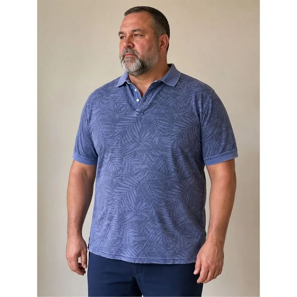 Tommy Hilfiger Garment Dyed Blue Tropical Leaf Print Polo Shirt 3XLT Cotton Note